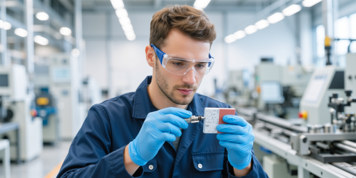 生产车间工艺流程展示,工人正在检查产品质量,精密测量工具整齐摆放,展现严谨的生产管理