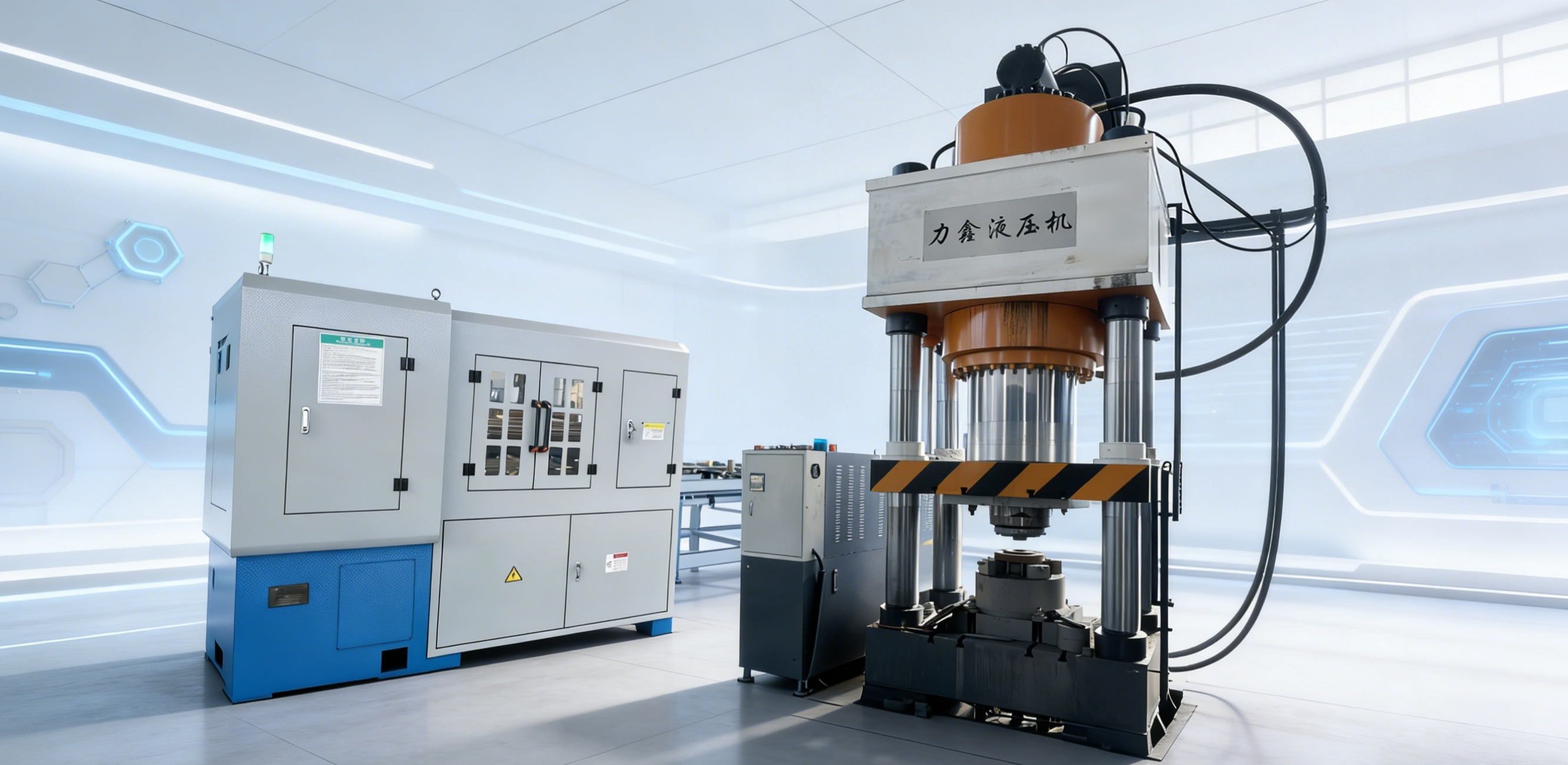 冷挤压加工现场,工人正在操作大型冷挤压设备,金属材料在机器中被精确成型,展现精密制造过程