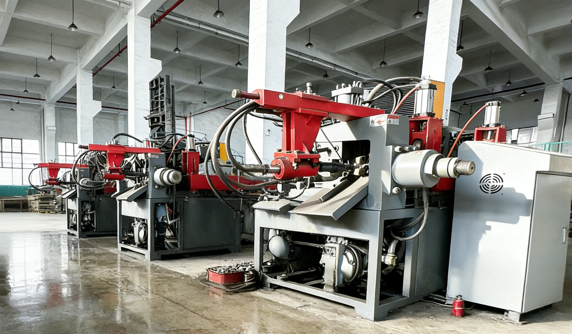 现代化生产车间内部,多台冷挤压设备整齐排列,工人正在操作设备,明亮的工业照明照亮整个车间,展现现代化制造业的专业形象