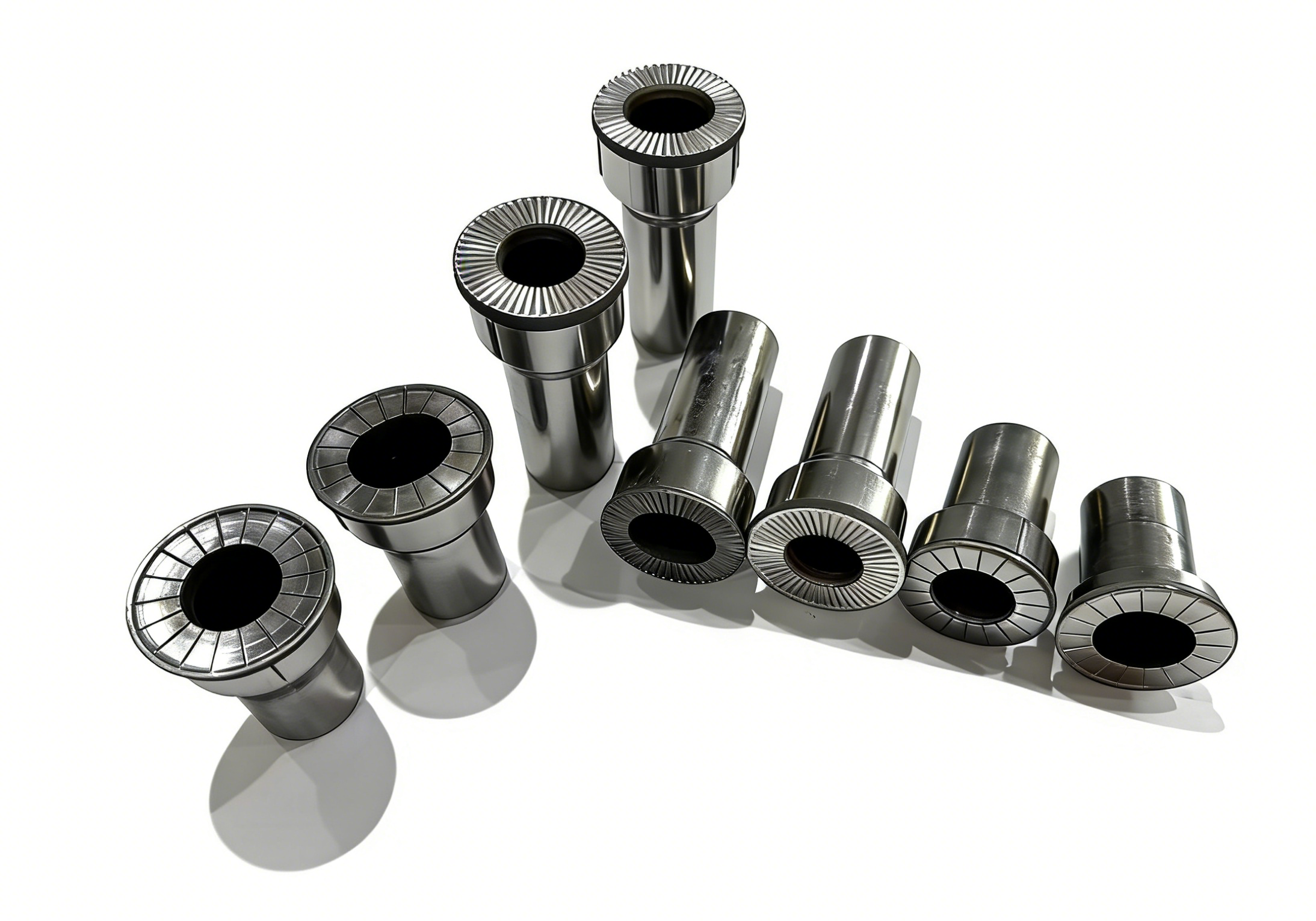 异形零件产品展示,多种形状的金属零件,表面处理精细,尺寸精确,展现复杂零件加工能力